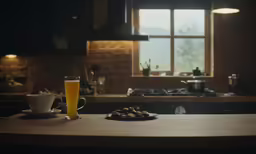 a large plate with nuts on a wooden kitchen counter next to a glass of beer