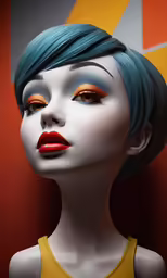 a woman with blue hair and orange eyeshades