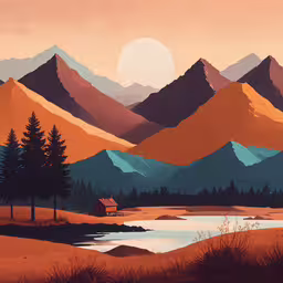 a painting of mountains and trees with a house,a large print with some trees on it