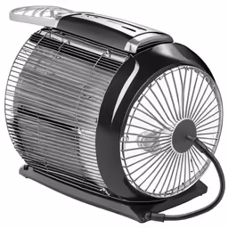 a black and silver fan with two blades