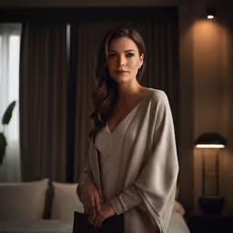 a beautiful woman standing next to a large window