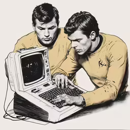 two men work on a laptop computer