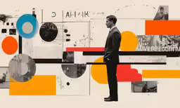 a man in a suit standing against a geometric backdrop