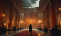 a person stands in a room with red carpet and large pillars