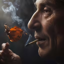 a man smoking and looking ahead with smoke coming out from the middle