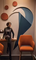 woman in a long dress sitting at a desk