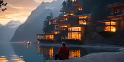 there is a man that is looking at the buildings