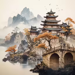 a bridge on a body of water in front of mountains