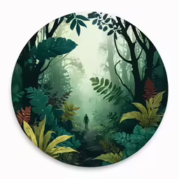 a circular sticker depicting a forest scene with a person in the distance