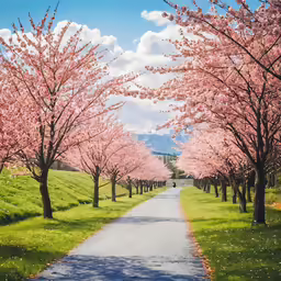 the path leads into the grassy park under pink flowers