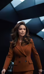 a woman walking in front of an open umbrella