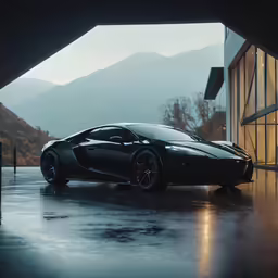 a very fancy black car parked in front of a building