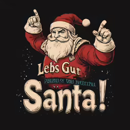 a christmas poster featuring santa and snowman pointing up
