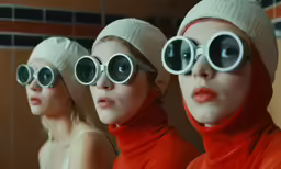 four models wearing white hats and silver circular sunglasses