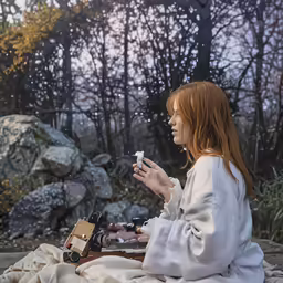 the woman is sitting down outside near rocks