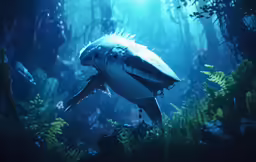 a great white shark swims among plants and algae