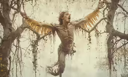 a man that is standing on a pole with wings