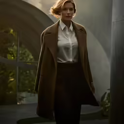 a woman walking down a street next to trees