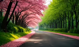 the colors of a park are reminiscent of the cherry blossom trees
