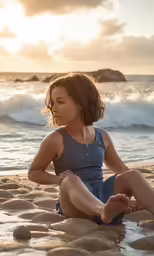 a woman sitting on top of a sandy beach