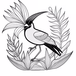 a black and white bird with leaves and flowers,bird sitting on a branch with leaves and flowers