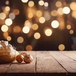 a wooden table with a bowl full of food and a blurry background