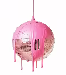 a pink chandelier with a mirror sphere inside