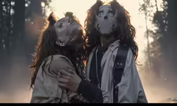 a young girl is hugging an adult with her head painted like the person from friday the 13th