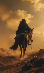 the man riding on the back of a horse is walking across the desert