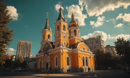 a large church stands on the street surrounded by tall buildings