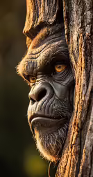 the head of a chimpankin peeks out from behind a tree trunk