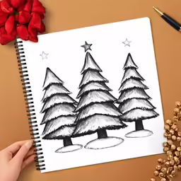 a drawing of christmas trees in black and white