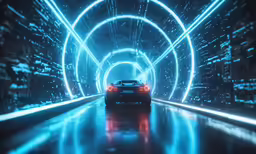 the car is driving through a tunnel filled with neon lights