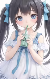 an anime girl with very blue eyes holding a stuffed animal