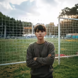 a young man stands with his arms crossed in front of a soccer goal