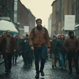 a man in a brown jacket is walking down a street