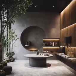 a room has several potted plants and large mirror