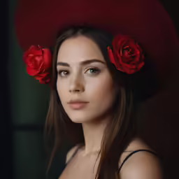 a woman wearing a red hat and roses