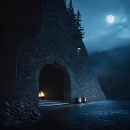 night scene in a stone wall with lit candles
