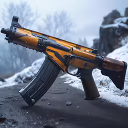 a rifle on a snowy road with some trees