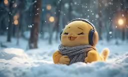 there is a stuffed animal in the snow with headphones