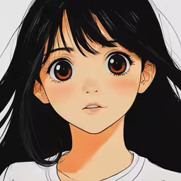 an anime girl with long dark hair, brown eyes and a white shirt