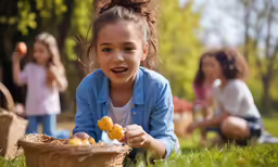 a young girl sitting on the grass, holding an orange