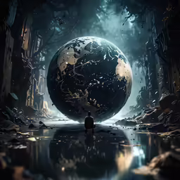 a person standing next to a huge sphere in a forest