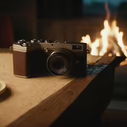 a camera sitting on a table by a fireplace