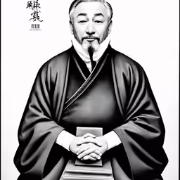 an oriental man with a pipe in his mouth