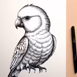 an illustration of a parrot on paper next to a black marker and pencil