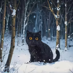 the black cat sits in the snowy woods