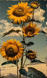 a yellow sunflower and green leaves against the sky