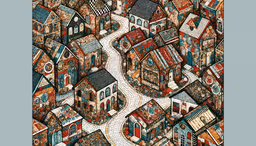 an aerial view of buildings and a small river